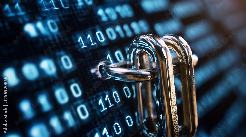 Poster Linked padlock over binary code showcasing the importance of cybersecurity and data protection : Generative AI