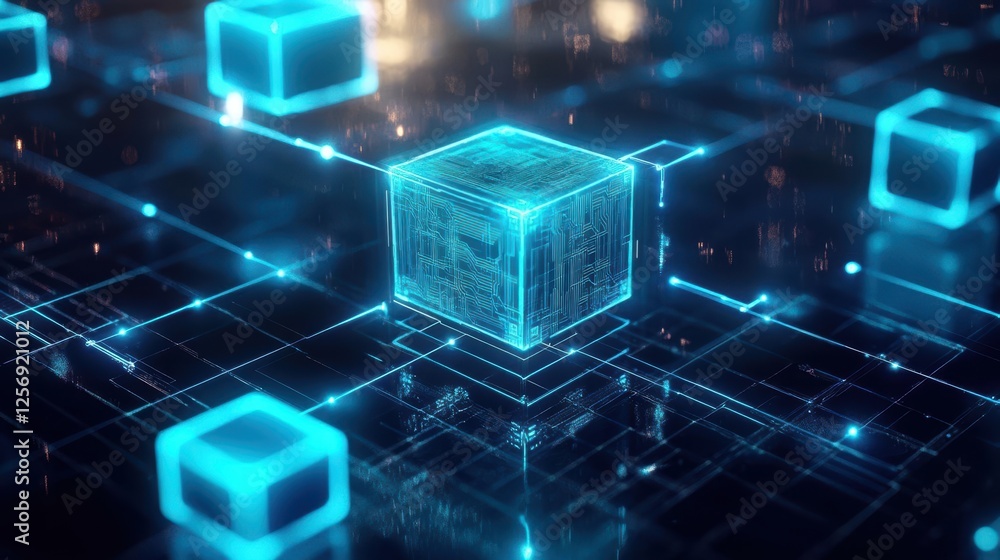 Poster cube with glowing blue lights in the center on a dark background