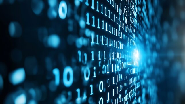 Intense close up of binary code flowing on a screen with bright blue light effects : Generative AI - Powered by Adobe