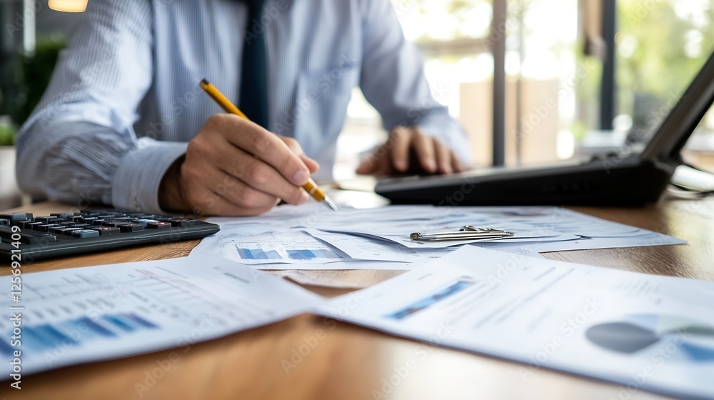 Aufkleber professional male analyzing financial reports and data on a desk with calculator and laptop in a bri
