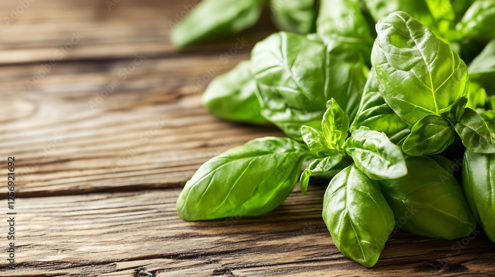 Aufkleber fresh basil leaves on rustic wooden surface creating a vibrant organic contrast : generative ai