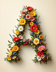 letter, A, floral, flowers, vibrant, colorful, artistic, elegant, design, organic, natural, red, yellow, pink, blue, white, blooms, green, leaves, accents, beige, background, soft, texture, warm, i
