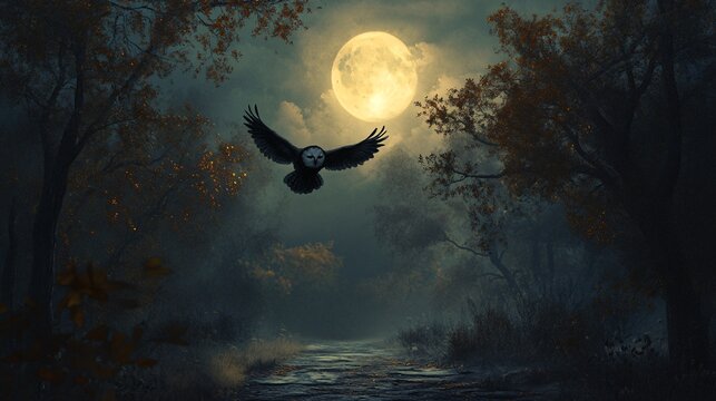 Owl flying through dark forest under full moon light