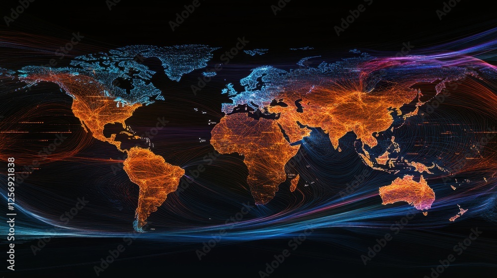 Poster a dark background world map with vibrant network lines highlighting global internet traffic.
