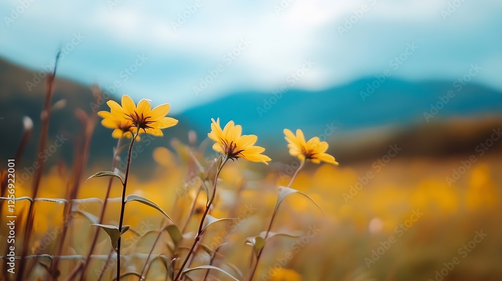 Poster stunning close up of bright yellow flowers swaying gently in a meadow with mountains in the backgrou