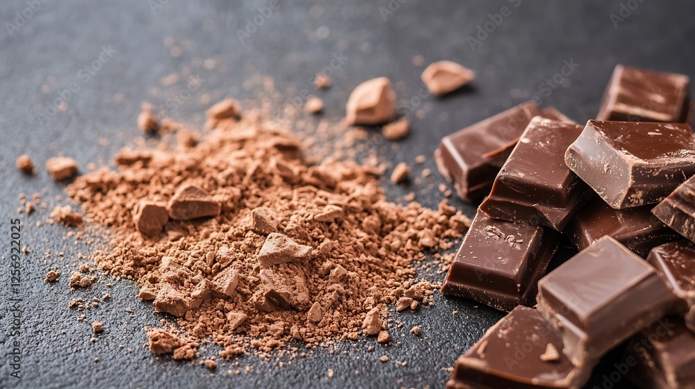 Aufkleber Rich and Smooth Dark Chocolate Pieces with Cocoa Powder on Black Background : Generative AI