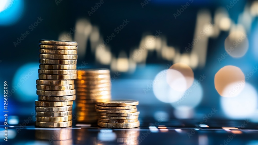 Poster focused view of stacked coins representing financial growth and investment in a digital world : gene