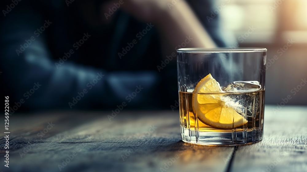 Aufkleber A refreshing glass of whiskey with lemon slice and ice on wooden table illuminated by soft light : Generative AI