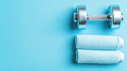Fitness, dumbbells, towels, blue background, gym, workout