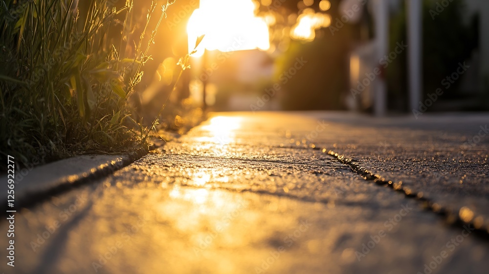 Poster Golden sunlight streaming along a textured path with a warm glow creating a peaceful evening atmosphere : Generative AI