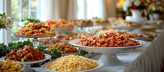 Obraz premium Abundant buffet food, indoor event, white tablecloth, catering