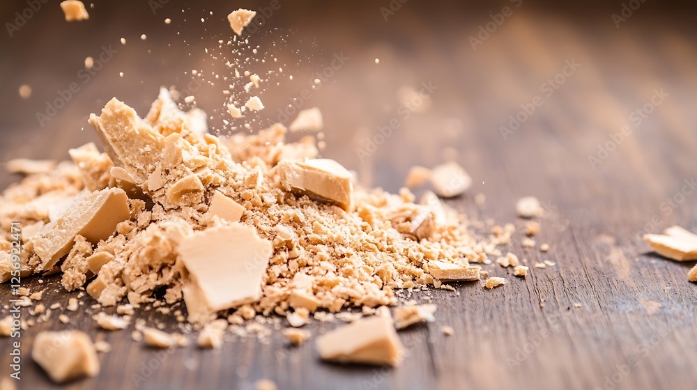 Poster closeup view of crumbled pieces of dried yeast on a wooden surface with scattered particles : genera