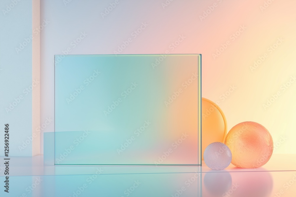 Poster a modern abstract display featuring a glass square and spheres on a reflective surface.