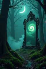 Obraz premium Enchanted Forest Path Leading to a Mystical Ornate Mirror Reflecting a Glowing Spiral Nebula Under a Crescent Moon