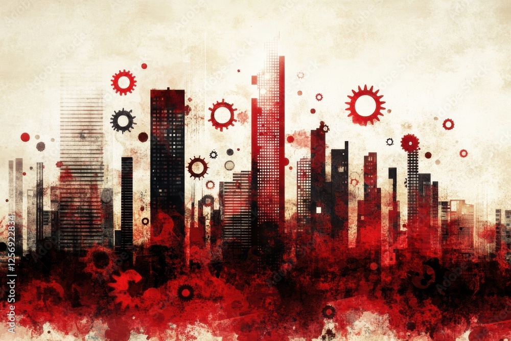 Poster urban skyline with abstract textures and red splashes of color