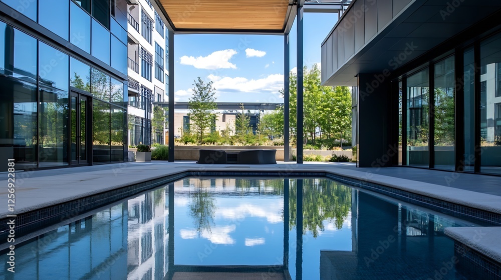 Poster modern urban architecture featuring a serene pool area surrounded by glass buildings under a bright 