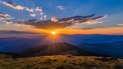 Stunning sunset view over mountains with vibrant colors and dramatic clouds in the sky : Generative AI