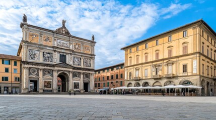 Obraz premium Monumental Arch and Historical Buildings in Vibrant Square Under Blue Sky in Italian City