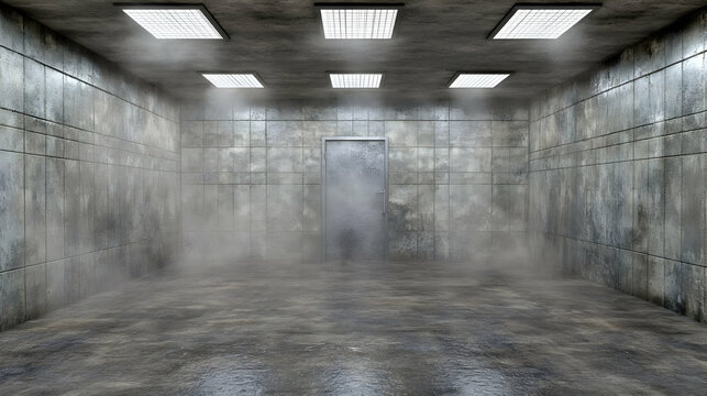 Foggy concrete room, metal door, dim lighting, suspenseful mood, film backdrop