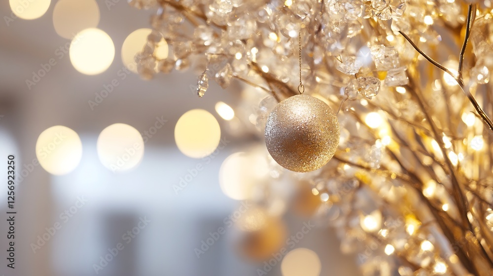 Leinwandbilder sparkling ornament hanging from a glittering tree with soft blurred lights in a celebratory setting 