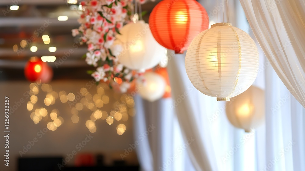 Poster charming and festive atmosphere with colorful lanterns and beautiful floral decorations in a cozy sp
