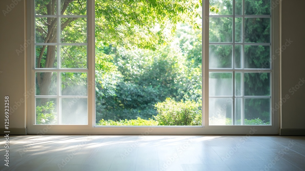 Poster bright and inviting view of greenery through a modern window in a spacious interior : generative ai