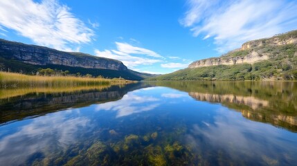 Fototapeta premium Serene Landscape of a Calm Lake Surrounded by Lush Green Hills Under a Vibrant Blue Sky : Generative AI