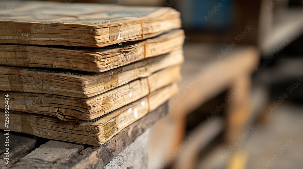 Aufkleber Old Stacked Books in a Rustic Setting Reflecting Historical Value and Charm : Generative AI