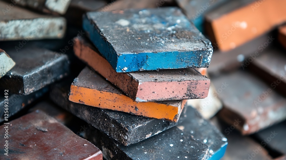 Poster Colorful Stacked Chalk Blocks in Various Shades Lying in a Pile : Generative AI