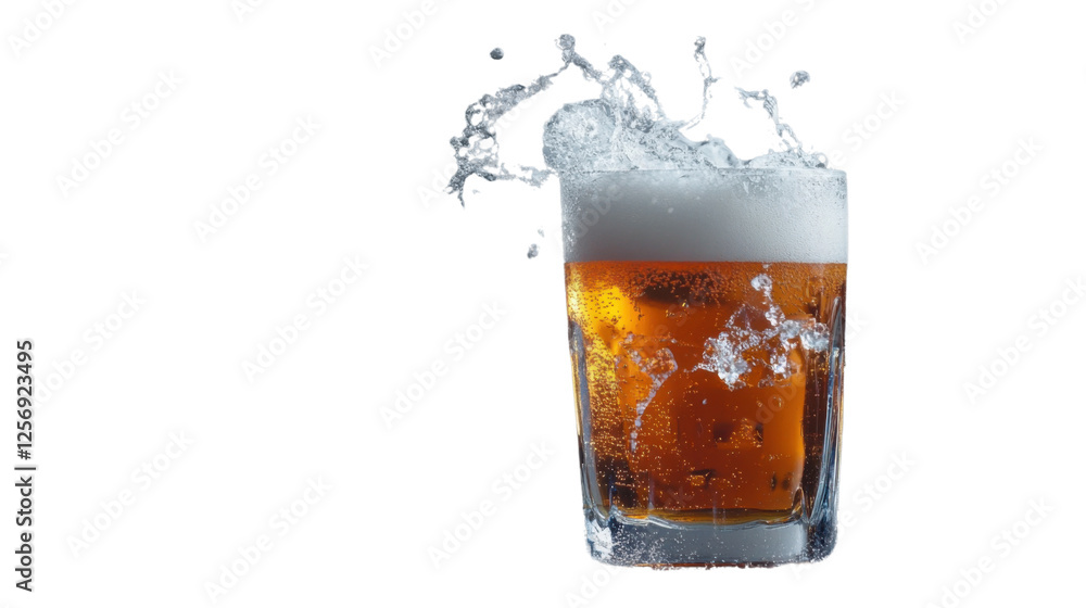 Poster glass of cold beer overflowing with foam on transparent background