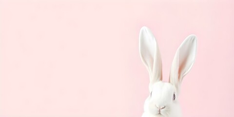 Obraz premium Happy Easter White rabbit with light soft pink painted isolated pastel pink background, White rabbi ,soft pink background, copy space, Happy Easter,Easter minimalism .