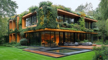 Obraz premium Modern eco-friendly house surrounded by lush greenery and garden, reflecting sustainability and nature