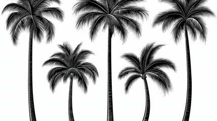 Collection of tall palm trees arranged in a striking black and white composition on a light background
