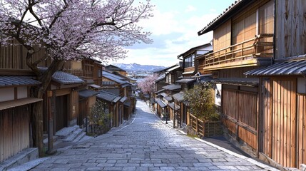 Serene Street in Historic Japanese District with Cherry Blossom Trees and Traditional Wooden Buildings