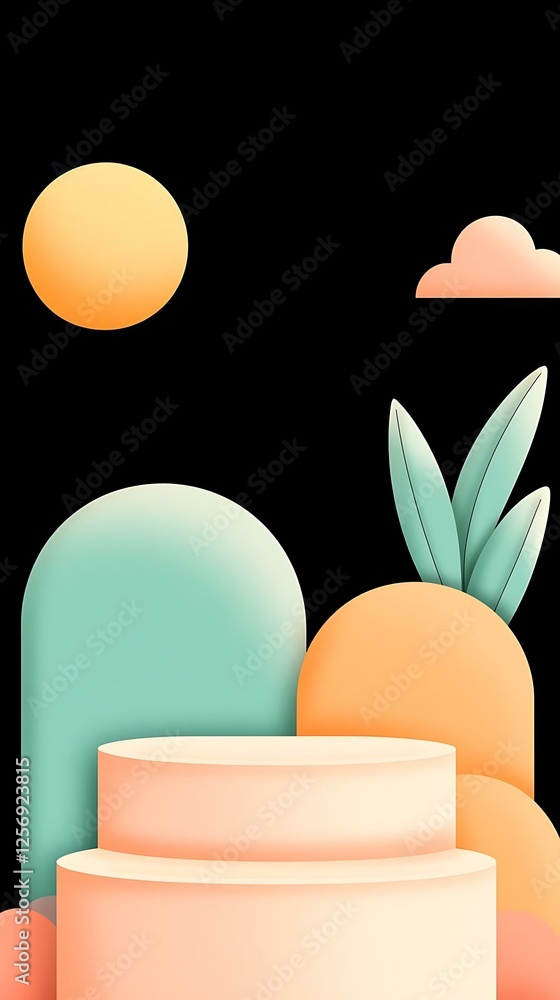Poster diagram structure trio abstract geometric composition with pastel colors and shapes on a black backg