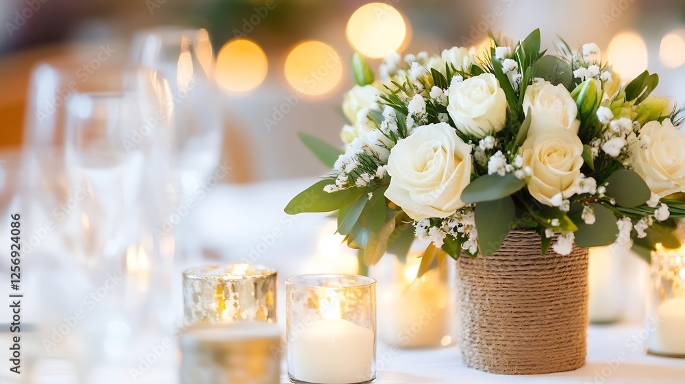 Poster elegant floral arrangement of white roses in a rustic burlap vase with soft lighting and candles : g