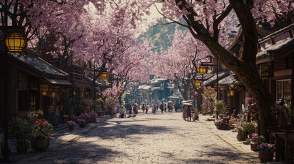 Obraz premium Serene Cherry Blossom Street in Traditional Village with Blooming Trees and Scenic Pathway