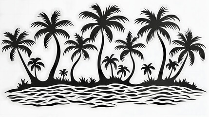 Decorative silhouette of coconut palm trees along a tranquil shoreline at sunset