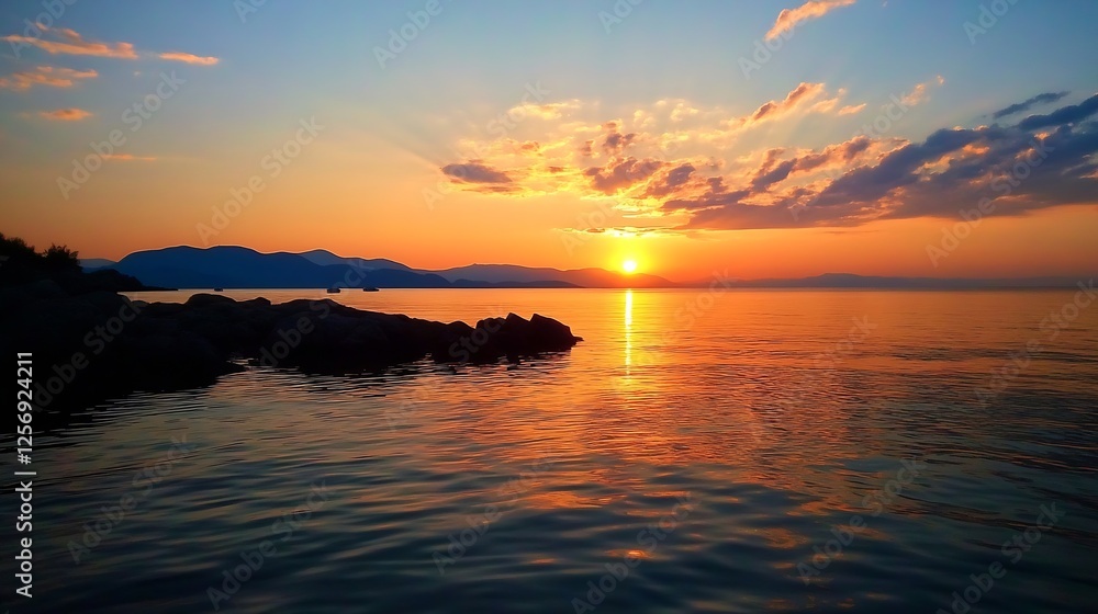 Poster stunning sunset reflection on calm water with silhouettes of mountains creating a picturesque evenin
