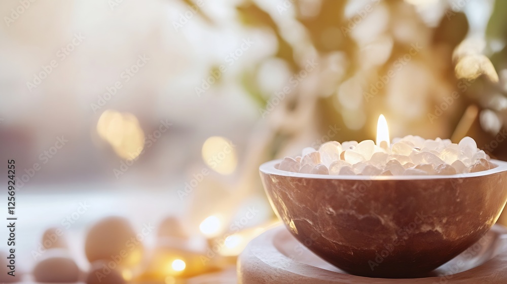 Aufkleber tranquil and calming scene of a lit candle surrounded by rocks creating a serene ambiance in a spa s