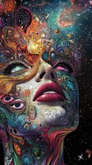 Obraz premium Cosmic Woman: A Psychedelic Portrait of a Woman Embracing the Cosmos