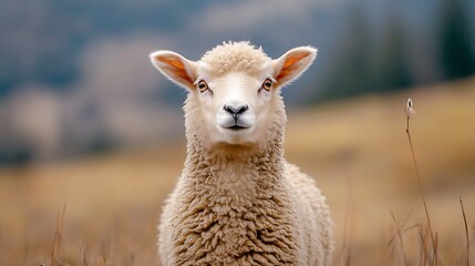 Fototapeta premium Fluffy Sheep Looking Curiously at the Camera in an Open Pasture Surrounded by Nature : Generative AI