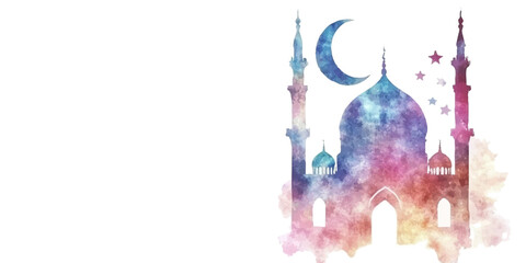 Watercolor Islamic mosque with moon and stars, colorful vector illustration isolated on white background