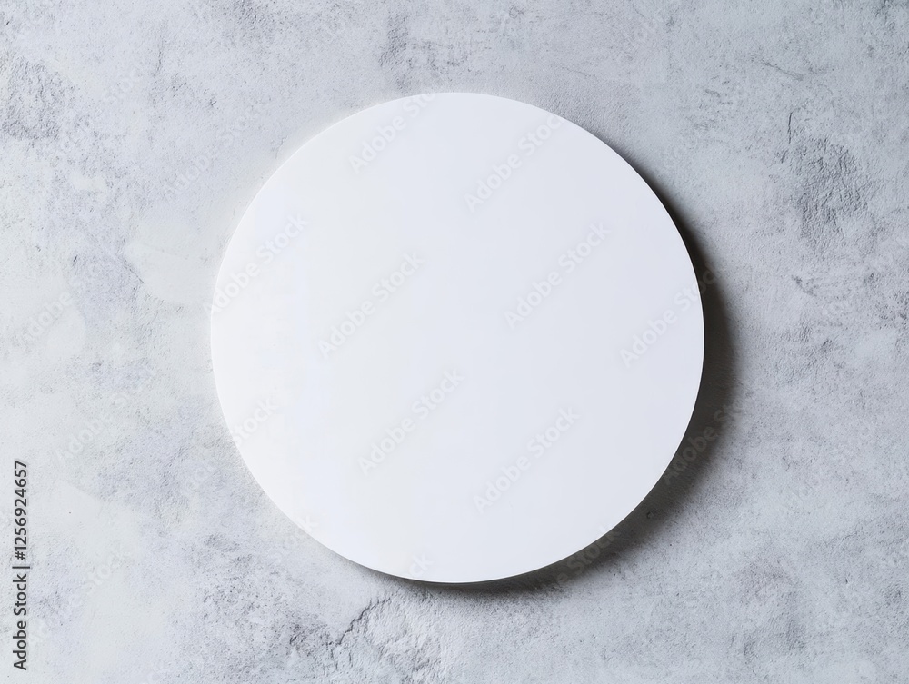 Poster white round mirror placed on a textured grey surface with natural lighting and shadows
