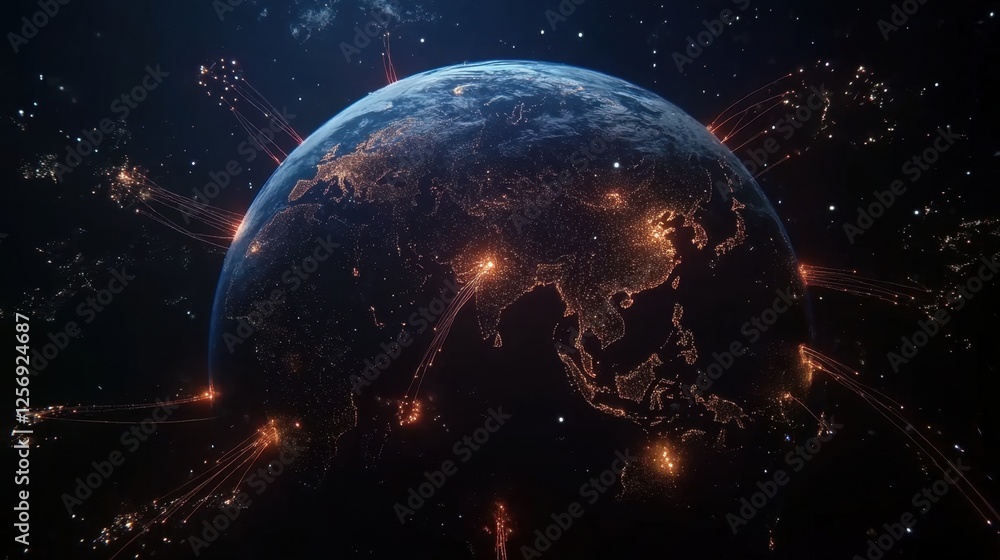 Aufkleber a digital globe with glowing lines representing undersea internet cables connecting continents.