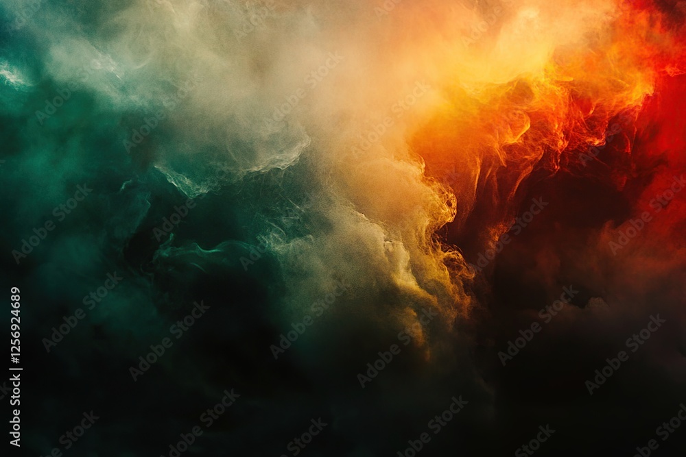 Poster abstract colorful smoke clouds blend: fiery orange and deep green swirl dynamically in dark backgrou