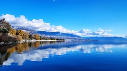 Stunning landscape view of a serene lake reflecting mountains and clouds under blue sky : Generative AI