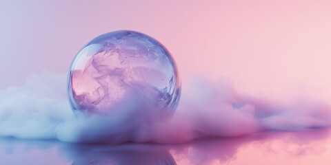 A shimmering crystal ball sits nestled in a cloud of colorful, dreamy smoke with reflections.