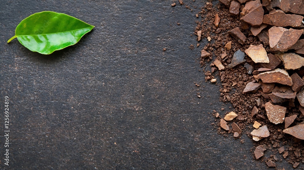 Poster closeup of green leaf and chocolate crumbles on a dark surface background : generative ai
