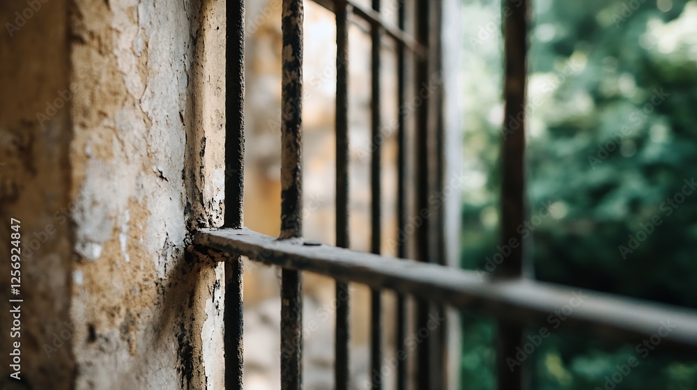 Fototapete Closeup view of old rusty bars against a blurred green backdrop creating an atmosphere of confinement : Generative AI